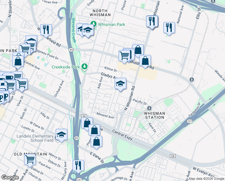 map of restaurants, bars, coffee shops, grocery stores, and more near 201 Ada Avenue in Mountain View