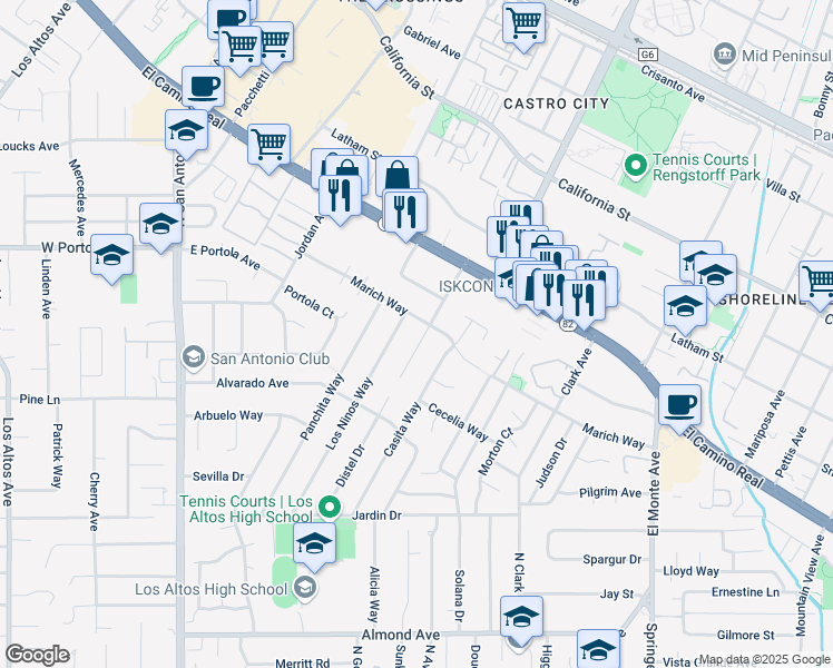 map of restaurants, bars, coffee shops, grocery stores, and more near 668 Casita Way in Los Altos