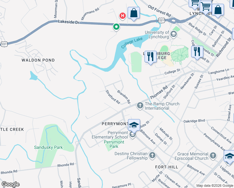 map of restaurants, bars, coffee shops, grocery stores, and more near 1118 Stratford Road in Lynchburg