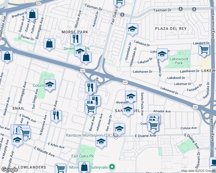map of restaurants, bars, coffee shops, grocery stores, and more near 622 North Ahwanee Terrace in Sunnyvale