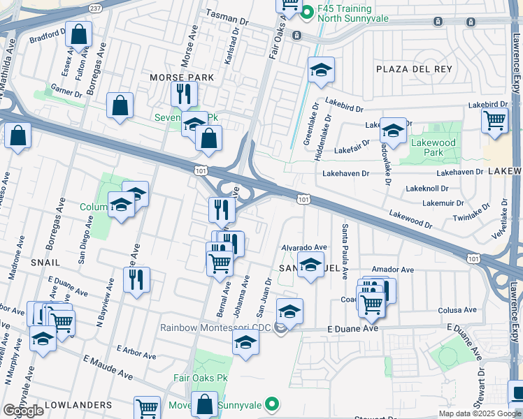 map of restaurants, bars, coffee shops, grocery stores, and more near 622 North Ahwanee Terrace in Sunnyvale