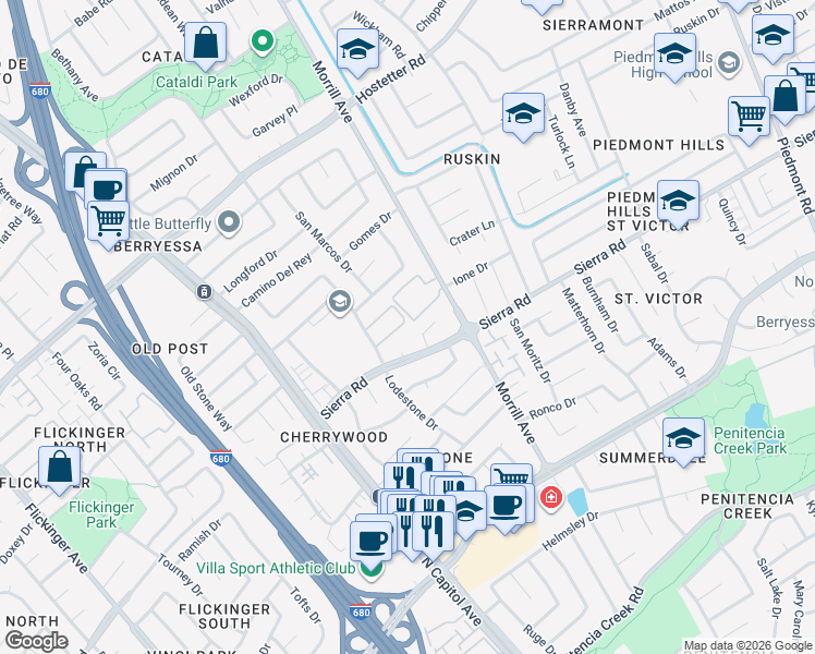 map of restaurants, bars, coffee shops, grocery stores, and more near 2705 Sierra Road in San Jose