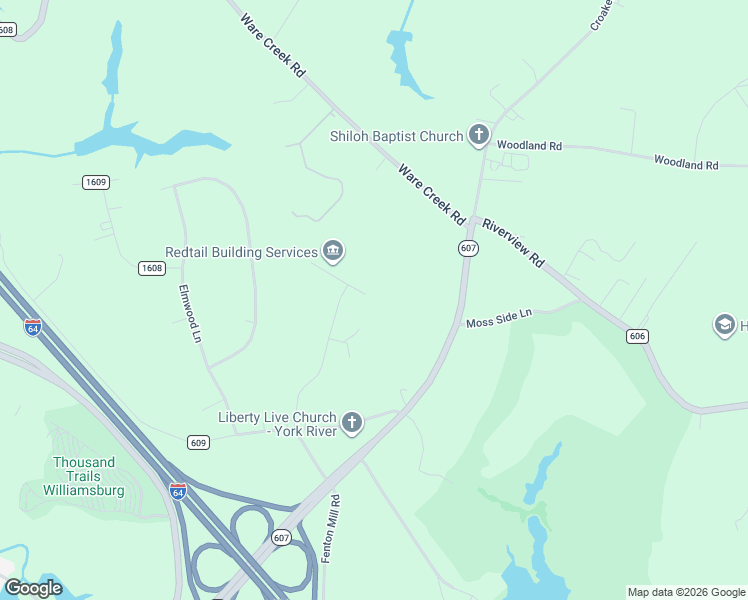 map of restaurants, bars, coffee shops, grocery stores, and more near 4500 Timber Lane in Williamsburg