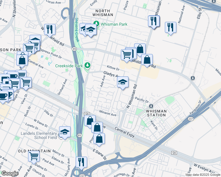 map of restaurants, bars, coffee shops, grocery stores, and more near 217 Ada Avenue in Mountain View