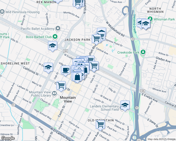 map of restaurants, bars, coffee shops, grocery stores, and more near in Mountain View