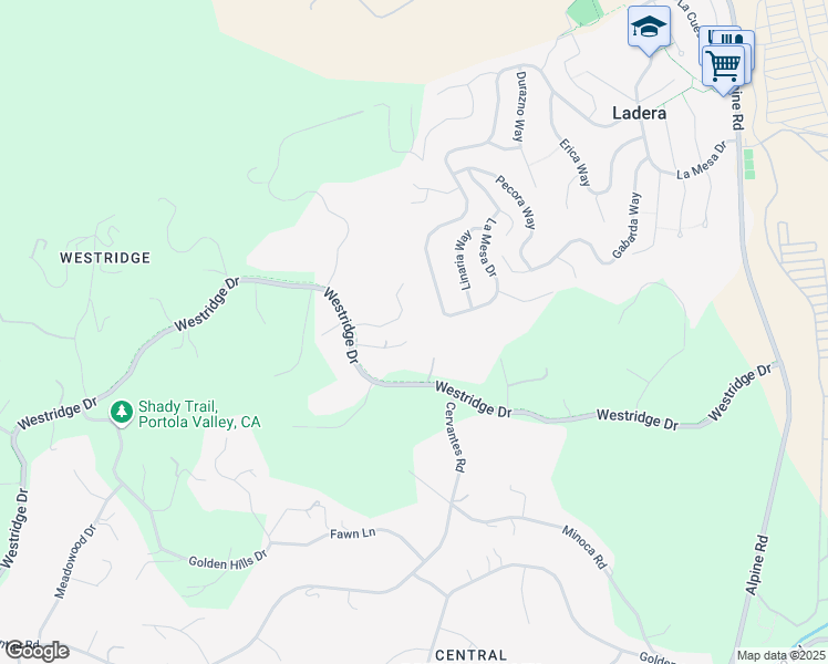 map of restaurants, bars, coffee shops, grocery stores, and more near 600 Westridge Drive in Portola Valley