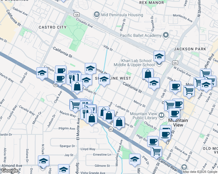 map of restaurants, bars, coffee shops, grocery stores, and more near 1686 Mercy Street in Mountain View