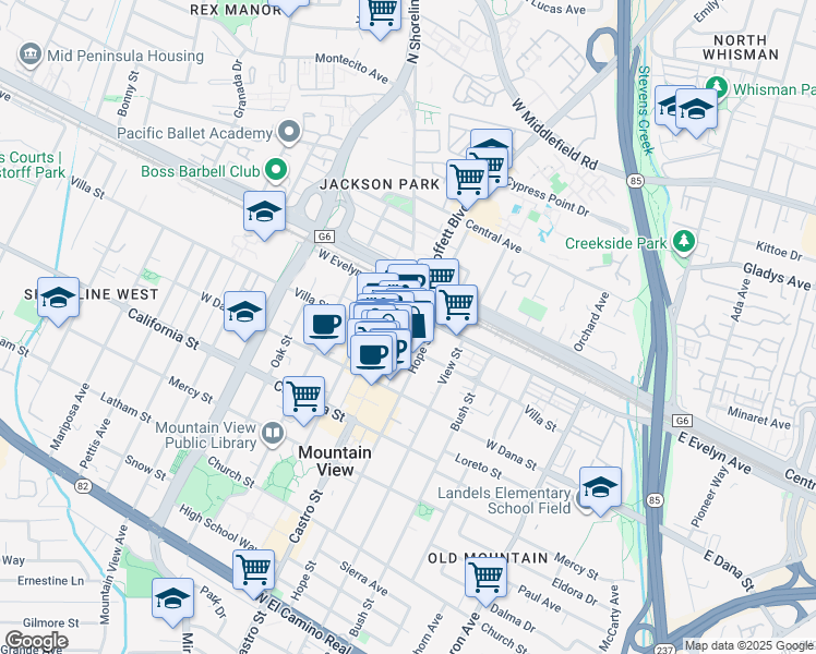map of restaurants, bars, coffee shops, grocery stores, and more near 234 Castro Street in Mountain View