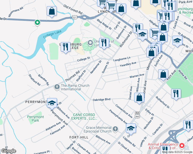 map of restaurants, bars, coffee shops, grocery stores, and more near 501 Edgar Street in Lynchburg