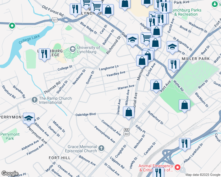 map of restaurants, bars, coffee shops, grocery stores, and more near 316 Warren Avenue in Lynchburg