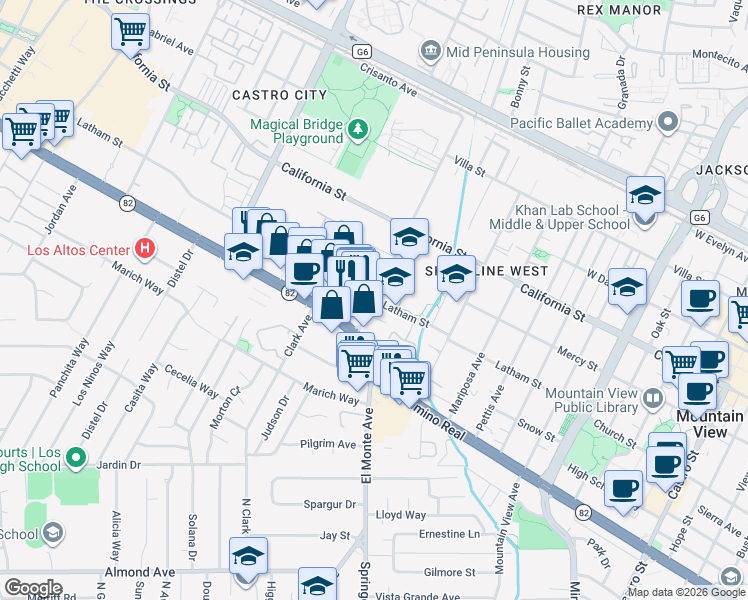map of restaurants, bars, coffee shops, grocery stores, and more near Latham Street & Escuela Avenue in Mountain View