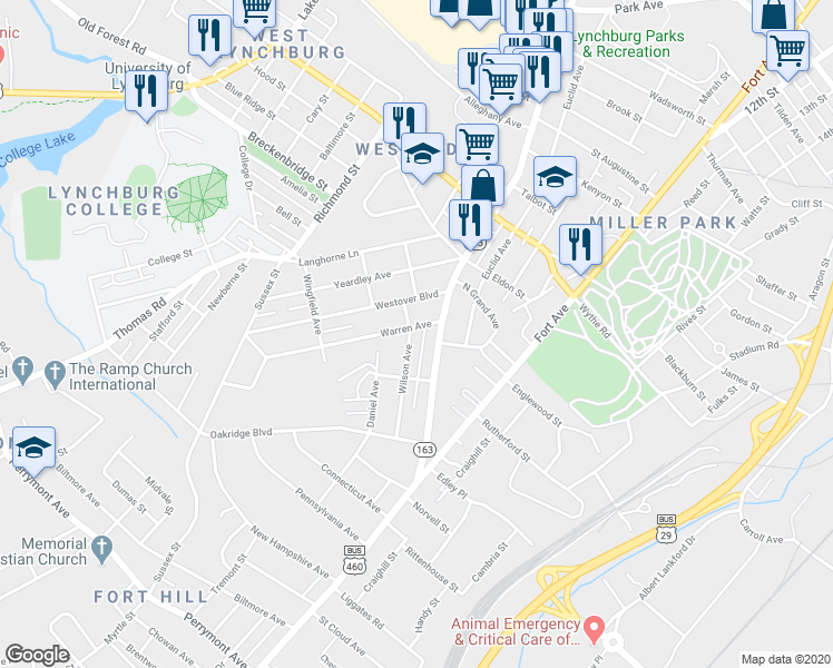 map of restaurants, bars, coffee shops, grocery stores, and more near 3302 Wilson Avenue in Lynchburg