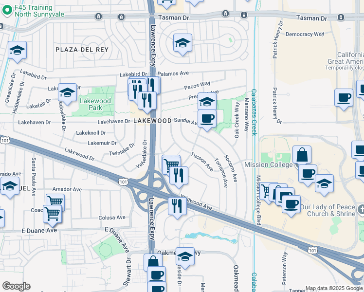 map of restaurants, bars, coffee shops, grocery stores, and more near 1057 Candlewood Avenue in Sunnyvale