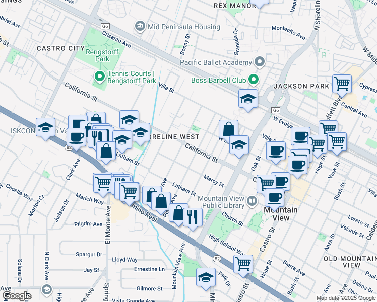 map of restaurants, bars, coffee shops, grocery stores, and more near 398 Mariposa Avenue in Mountain View