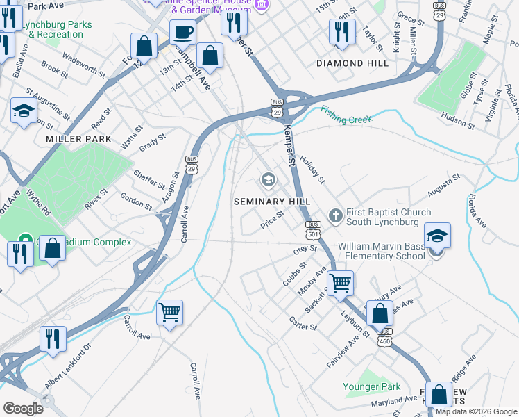 map of restaurants, bars, coffee shops, grocery stores, and more near in Lynchburg