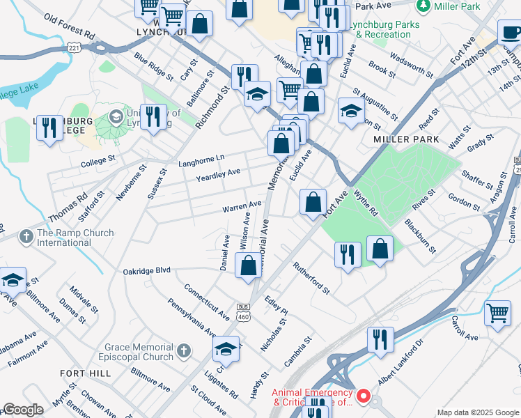 map of restaurants, bars, coffee shops, grocery stores, and more near 115 Westover Boulevard in Lynchburg