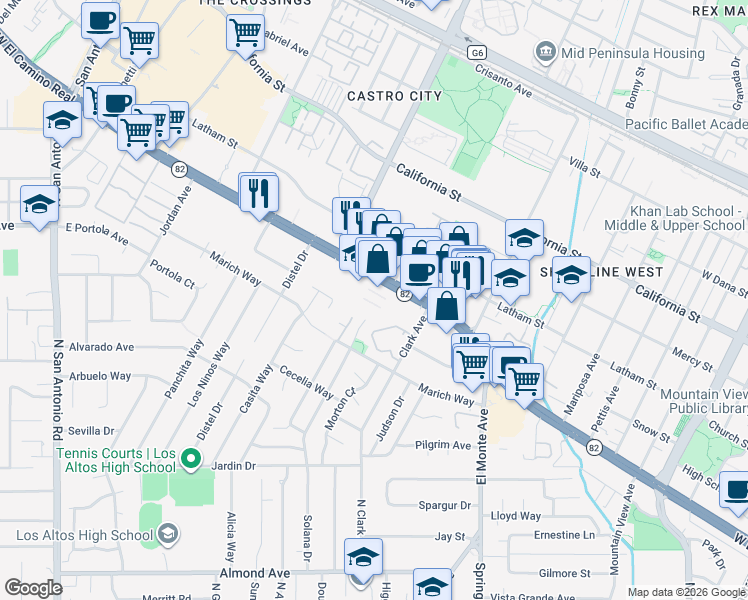 map of restaurants, bars, coffee shops, grocery stores, and more near 2020 California 82 in Mountain View
