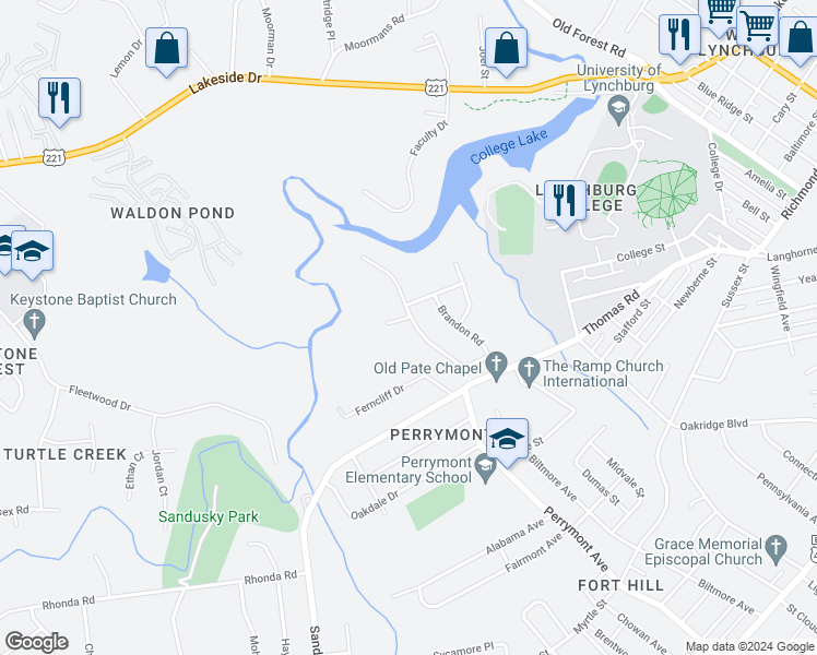 map of restaurants, bars, coffee shops, grocery stores, and more near 1143 Stratford Road in Lynchburg
