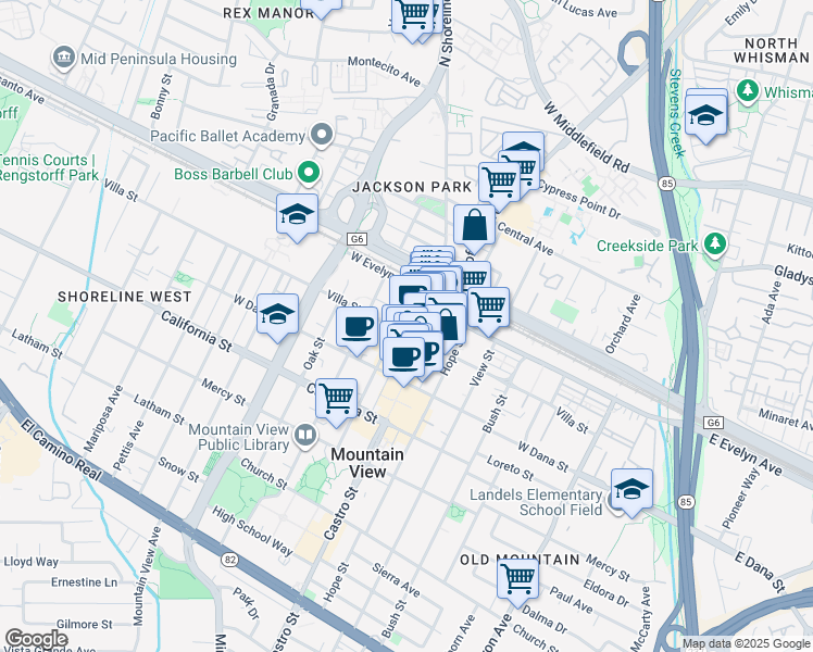 map of restaurants, bars, coffee shops, grocery stores, and more near 132 Wild Cherry Lane in Mountain View