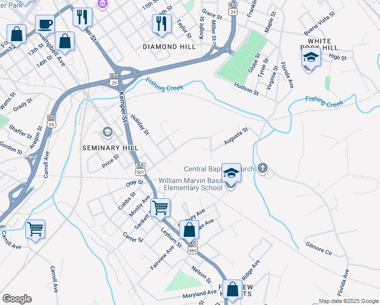 map of restaurants, bars, coffee shops, grocery stores, and more near 1713 Starview Street in Lynchburg