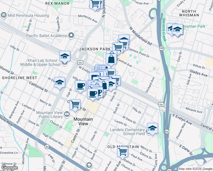 map of restaurants, bars, coffee shops, grocery stores, and more near in Mountain View