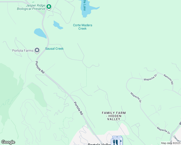 map of restaurants, bars, coffee shops, grocery stores, and more near 280 Family Farm Road in Woodside