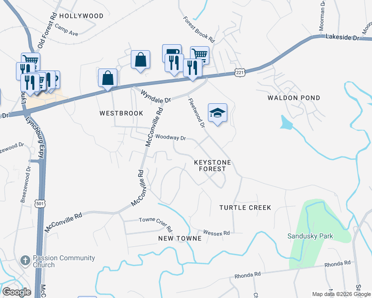map of restaurants, bars, coffee shops, grocery stores, and more near 203 Woodway Drive in Lynchburg