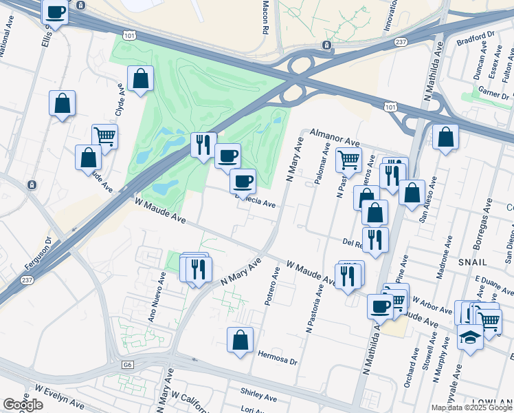 map of restaurants, bars, coffee shops, grocery stores, and more near 951 Benecia Ave in Sunnyvale
