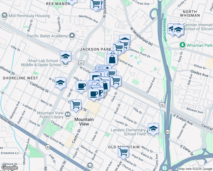 map of restaurants, bars, coffee shops, grocery stores, and more near in Mountain View
