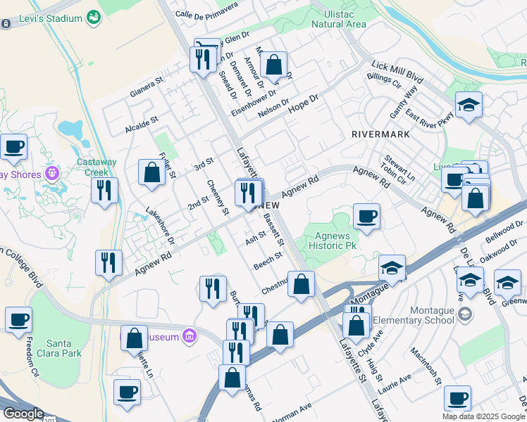 map of restaurants, bars, coffee shops, grocery stores, and more near 2001 Agnew Road in Santa Clara