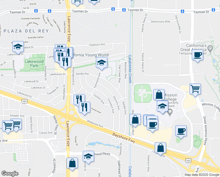 map of restaurants, bars, coffee shops, grocery stores, and more near 1225 Socorro Avenue in Sunnyvale