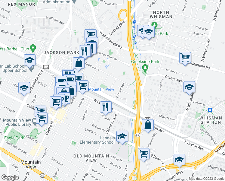 map of restaurants, bars, coffee shops, grocery stores, and more near 280d Orchard Avenue in Mountain View
