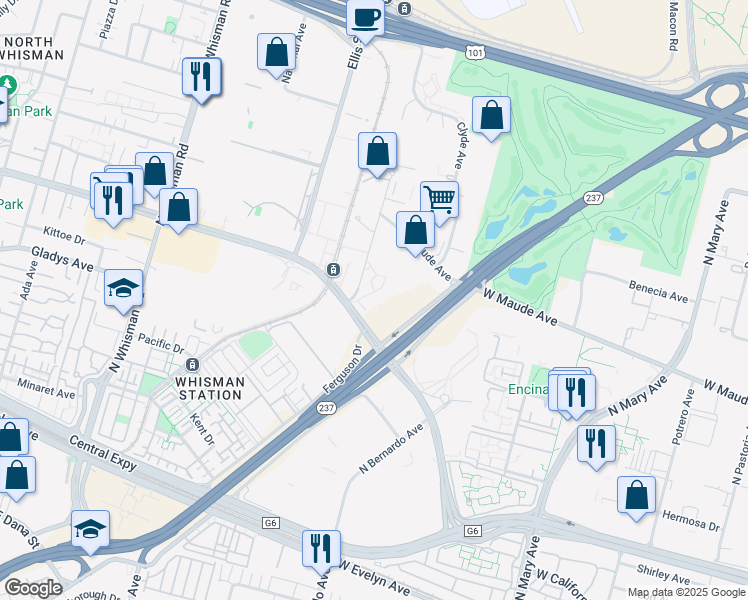 map of restaurants, bars, coffee shops, grocery stores, and more near 311-349 Logue Ave in Mountain View