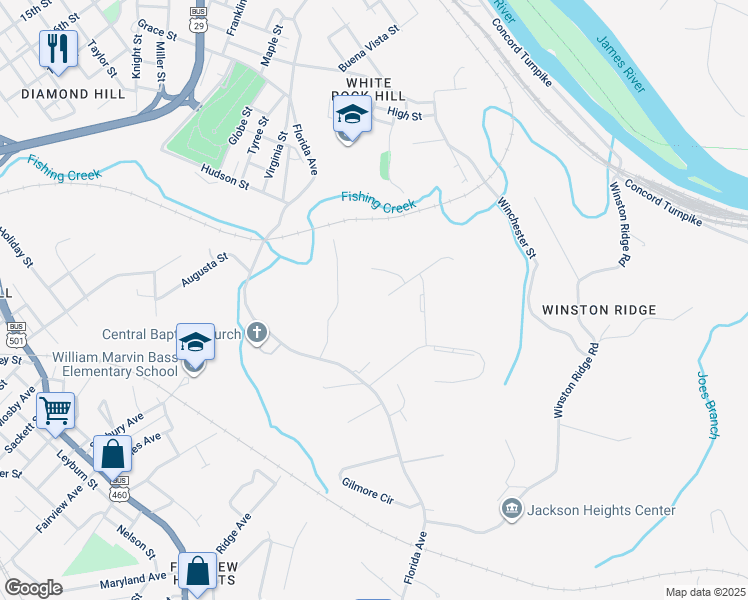 map of restaurants, bars, coffee shops, grocery stores, and more near 101 Providence Place in Lynchburg