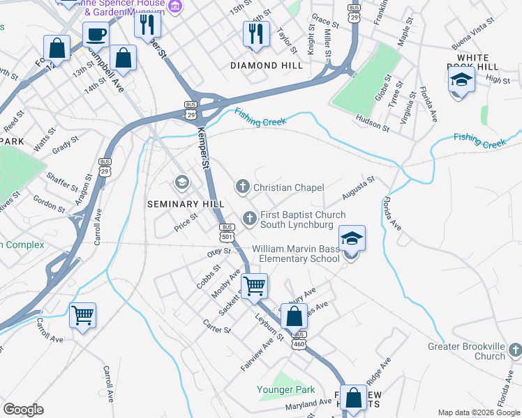 map of restaurants, bars, coffee shops, grocery stores, and more near 2420 Holiday Street in Lynchburg