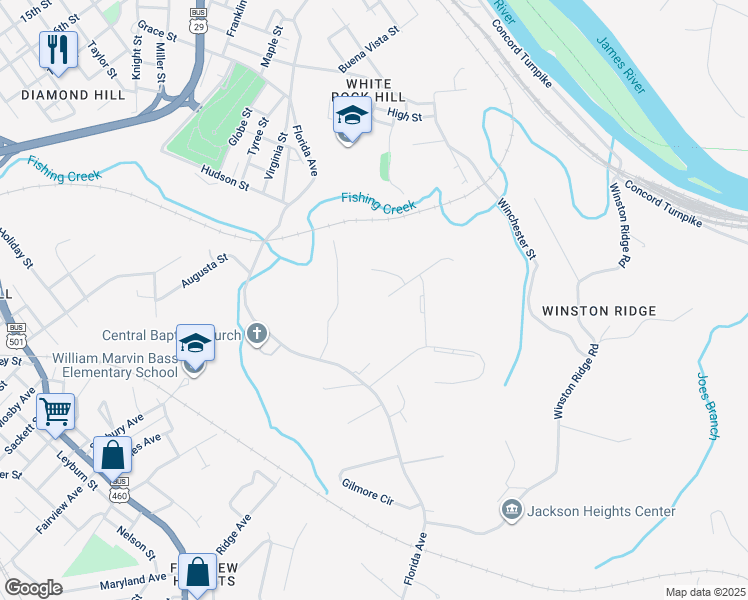 map of restaurants, bars, coffee shops, grocery stores, and more near 101 Providence Place in Lynchburg