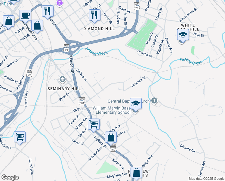 map of restaurants, bars, coffee shops, grocery stores, and more near 1705 Starview Street in Lynchburg
