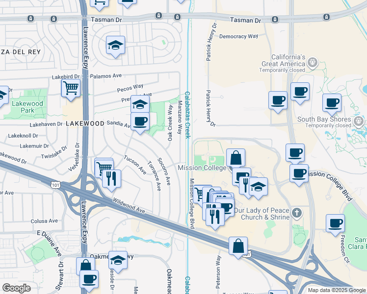 map of restaurants, bars, coffee shops, grocery stores, and more near 1269 Manzano Way in Sunnyvale