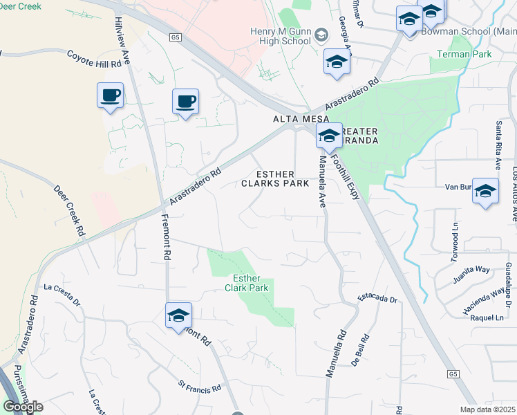 map of restaurants, bars, coffee shops, grocery stores, and more near 4141 Old Trace Road in Palo Alto