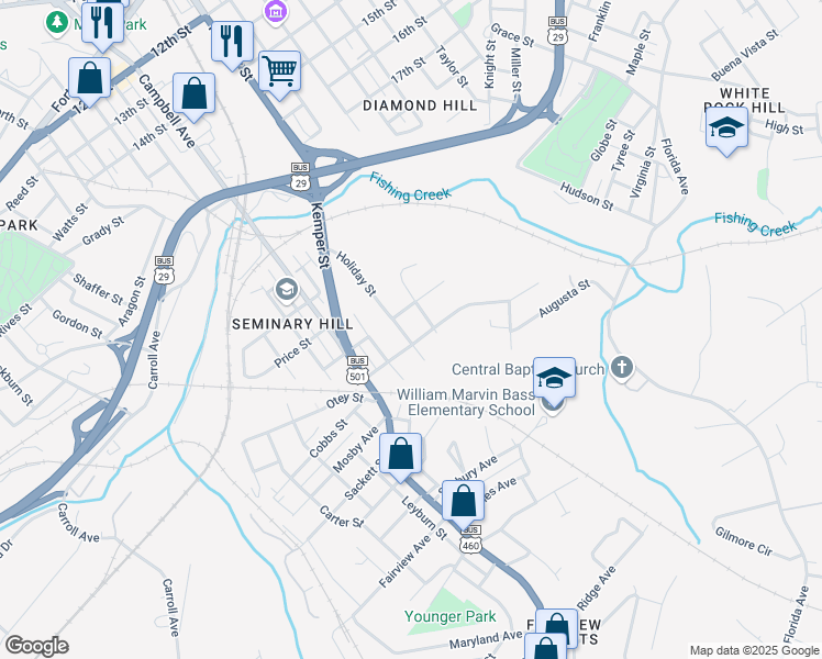 map of restaurants, bars, coffee shops, grocery stores, and more near 2420 Holliday Street in Lynchburg