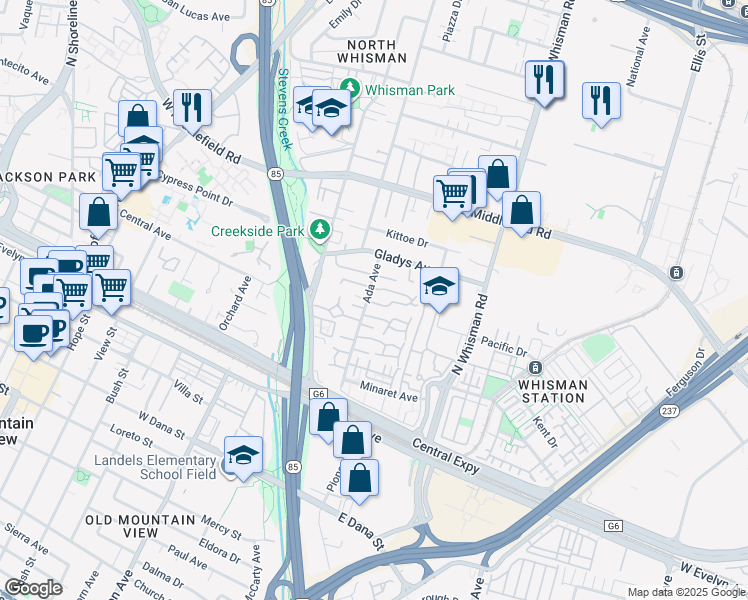 map of restaurants, bars, coffee shops, grocery stores, and more near 217 Ada Avenue in Mountain View