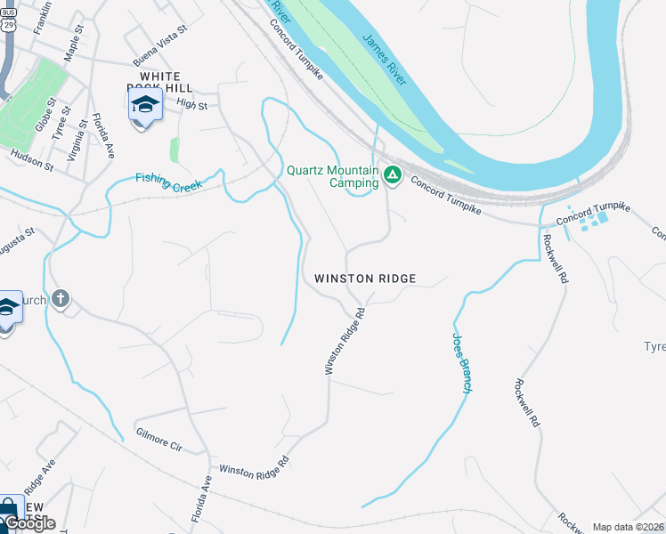 map of restaurants, bars, coffee shops, grocery stores, and more near 3039 Hillview Street in Lynchburg