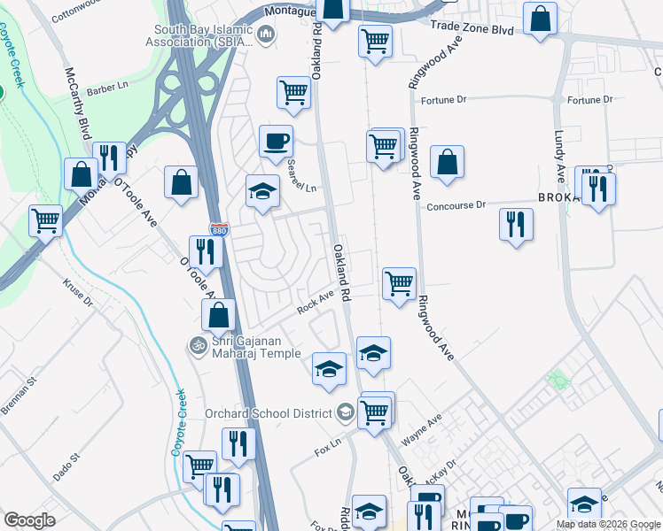 map of restaurants, bars, coffee shops, grocery stores, and more near 2091 Oakland Road in San Jose