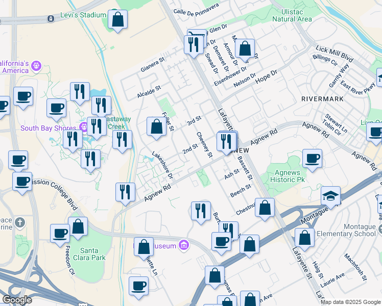 map of restaurants, bars, coffee shops, grocery stores, and more near 4416 Fillmore Street in Santa Clara