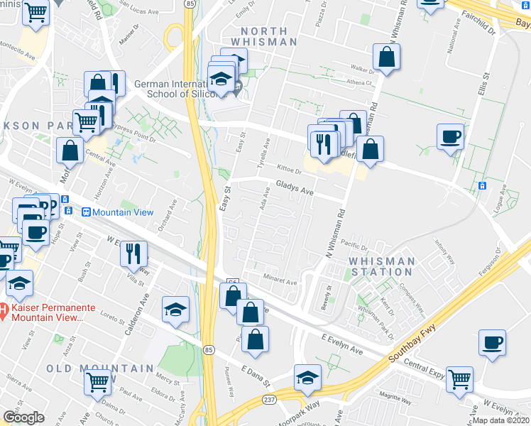 map of restaurants, bars, coffee shops, grocery stores, and more near 112 Brenton Court in Mountain View