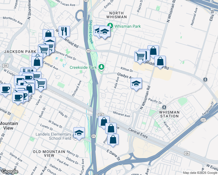 map of restaurants, bars, coffee shops, grocery stores, and more near 139 Brenton Court in Mountain View
