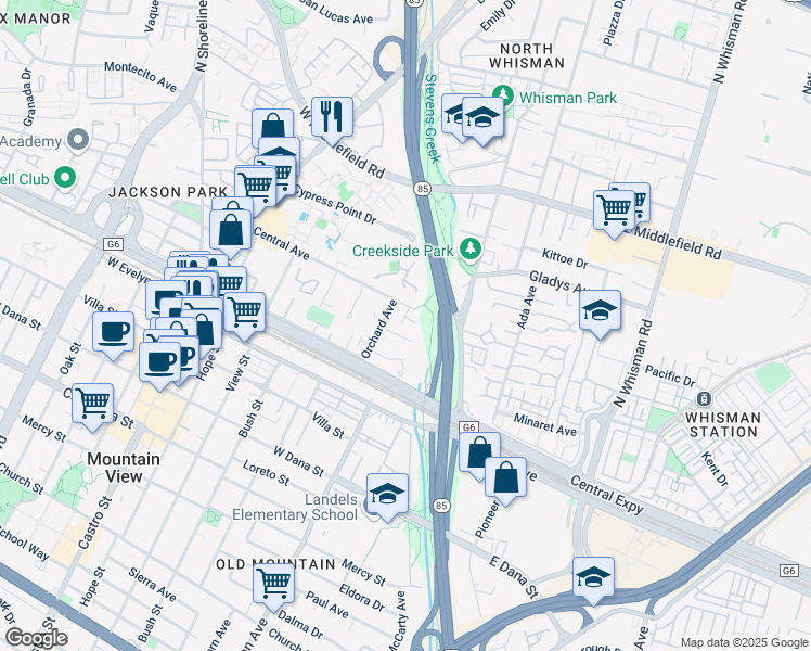 map of restaurants, bars, coffee shops, grocery stores, and more near 181 Central Avenue in Mountain View