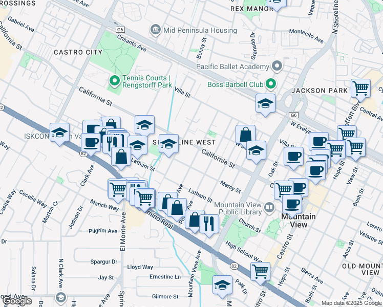 map of restaurants, bars, coffee shops, grocery stores, and more near 398 Mariposa Avenue in Mountain View