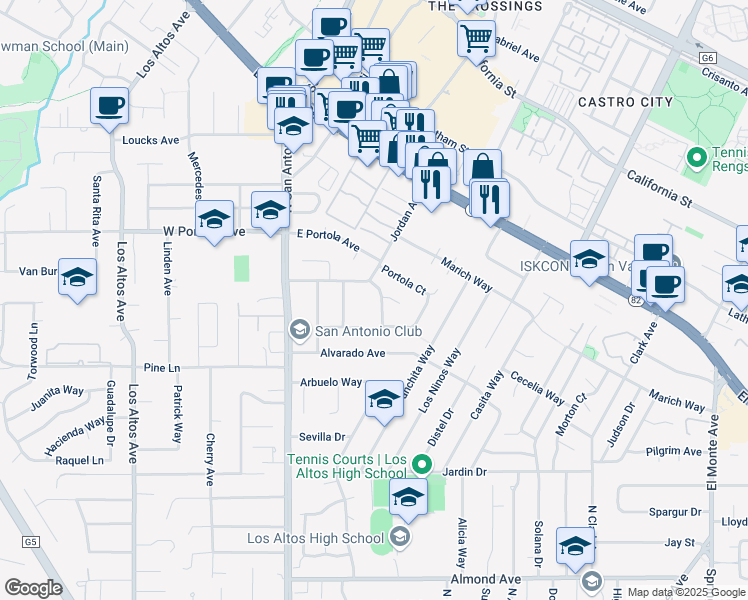 map of restaurants, bars, coffee shops, grocery stores, and more near 200 Delphi Circle in Los Altos