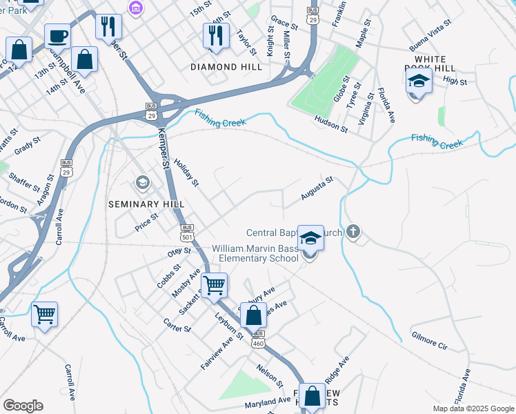 map of restaurants, bars, coffee shops, grocery stores, and more near 1701 Starview Street in Lynchburg